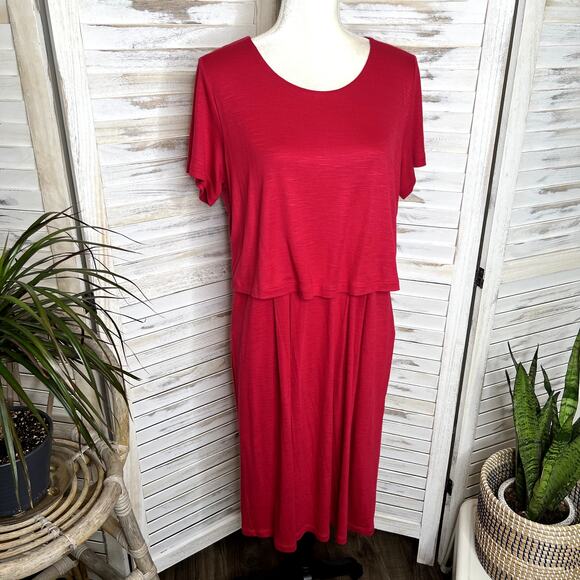 J. JILL Women's Size M Layered Button Back Short Sleeve Summer Dress Sangria Red - Picture 3 of 12